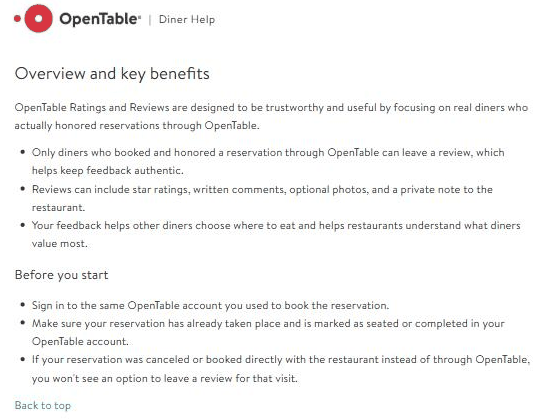 OpenTable's Diner Help article on ratings and reviews, showing that only diners who booked and honored a reservation through OpenTable can leave a review, and that a canceled reservation or one booked directly with the restaurant gives the diner no option to review