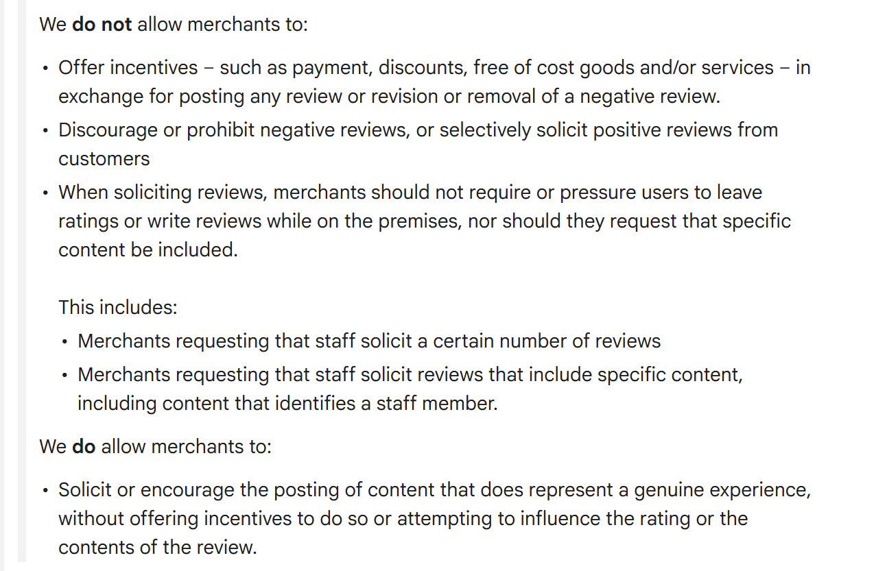 Google's Maps content policy listing what merchants may not do, including the bullet "Discourage or prohibit negative reviews, or selectively solicit positive reviews from customers"