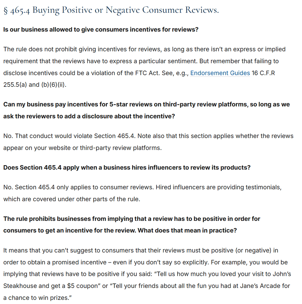 The FTC's questions and answers on section 465.4 of the Consumer Reviews and Testimonials Rule, covering whether a business may give consumers incentives for reviews and what counts as implying a review has to be positive