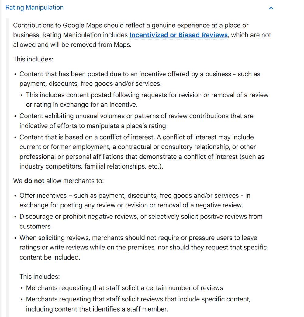 Google's Maps user-generated content policy, Rating Manipulation section, listing what merchants may not do: offer incentives, discourage or prohibit negative reviews, selectively solicit positive reviews, or request that specific content be included