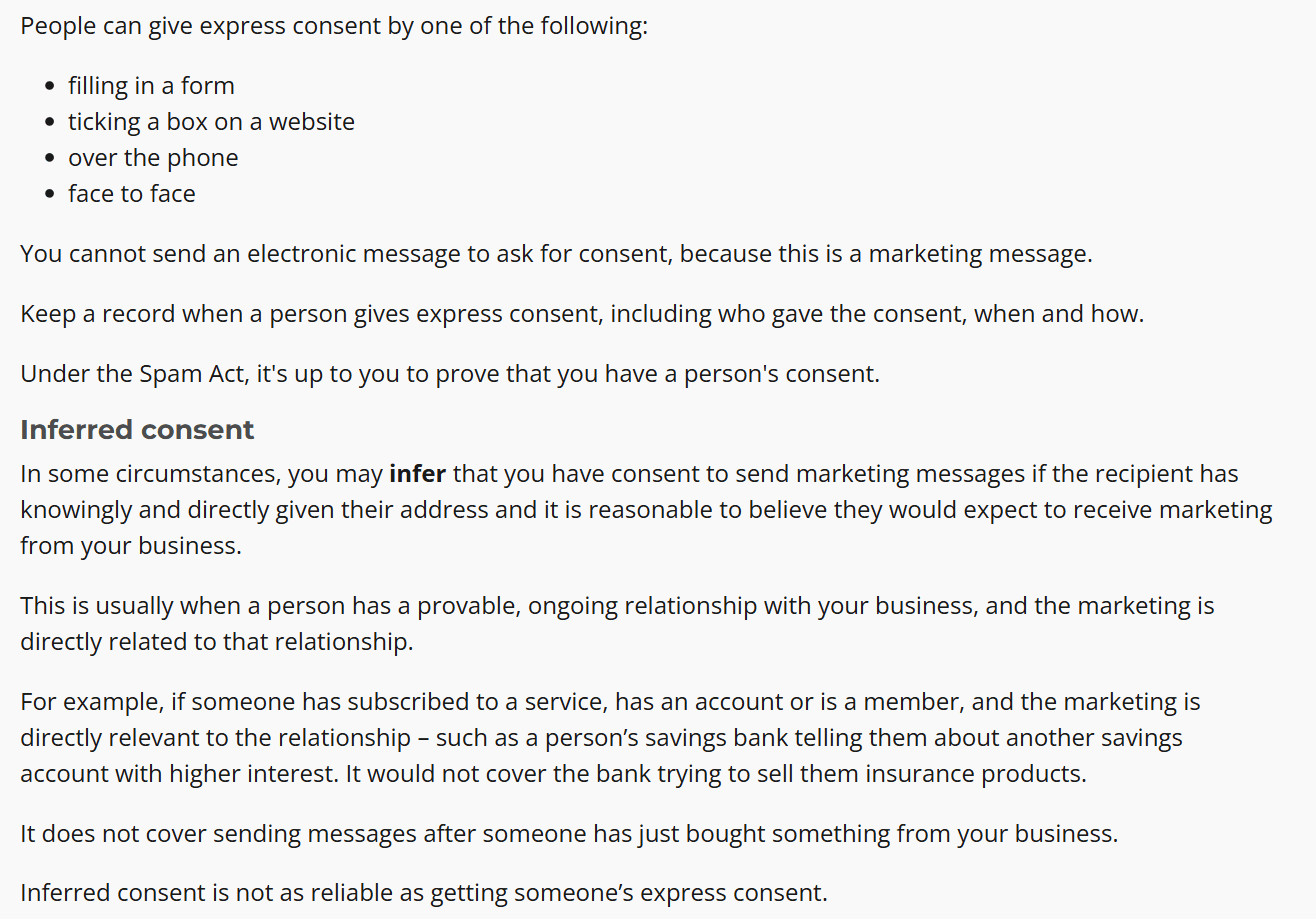 ACMA guidance listing the four ways a person can give express consent, followed by the inferred consent section, which ends with the sentence It does not cover sending messages after someone has just bought something from your business