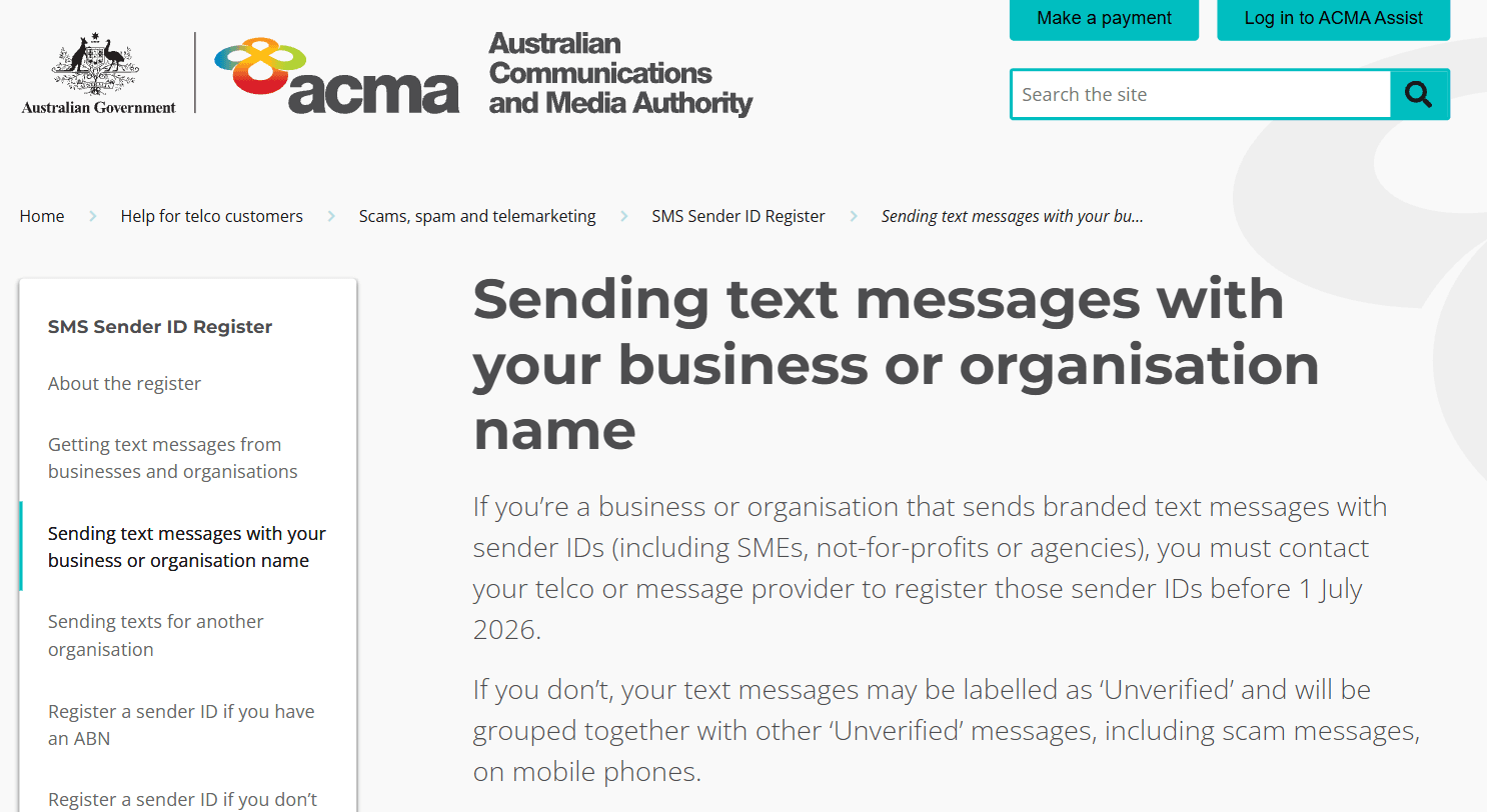 ACMA page headed Sending text messages with your business or organisation name, stating that businesses sending branded text messages must contact their telco or message provider to register those sender IDs before 1 July 2026, or their messages may be labelled Unverified