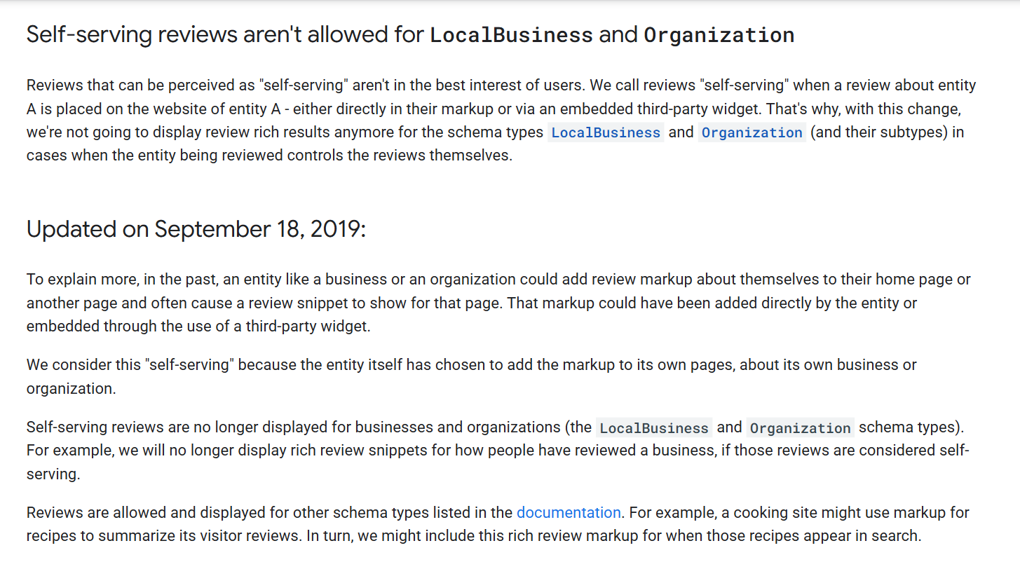 Google Search Central's September 2019 announcement under the heading "Self-serving reviews aren't allowed for LocalBusiness and Organization", defining a self-serving review as one about entity A placed on the website of entity A, either directly in their markup or via an embedded third-party widget