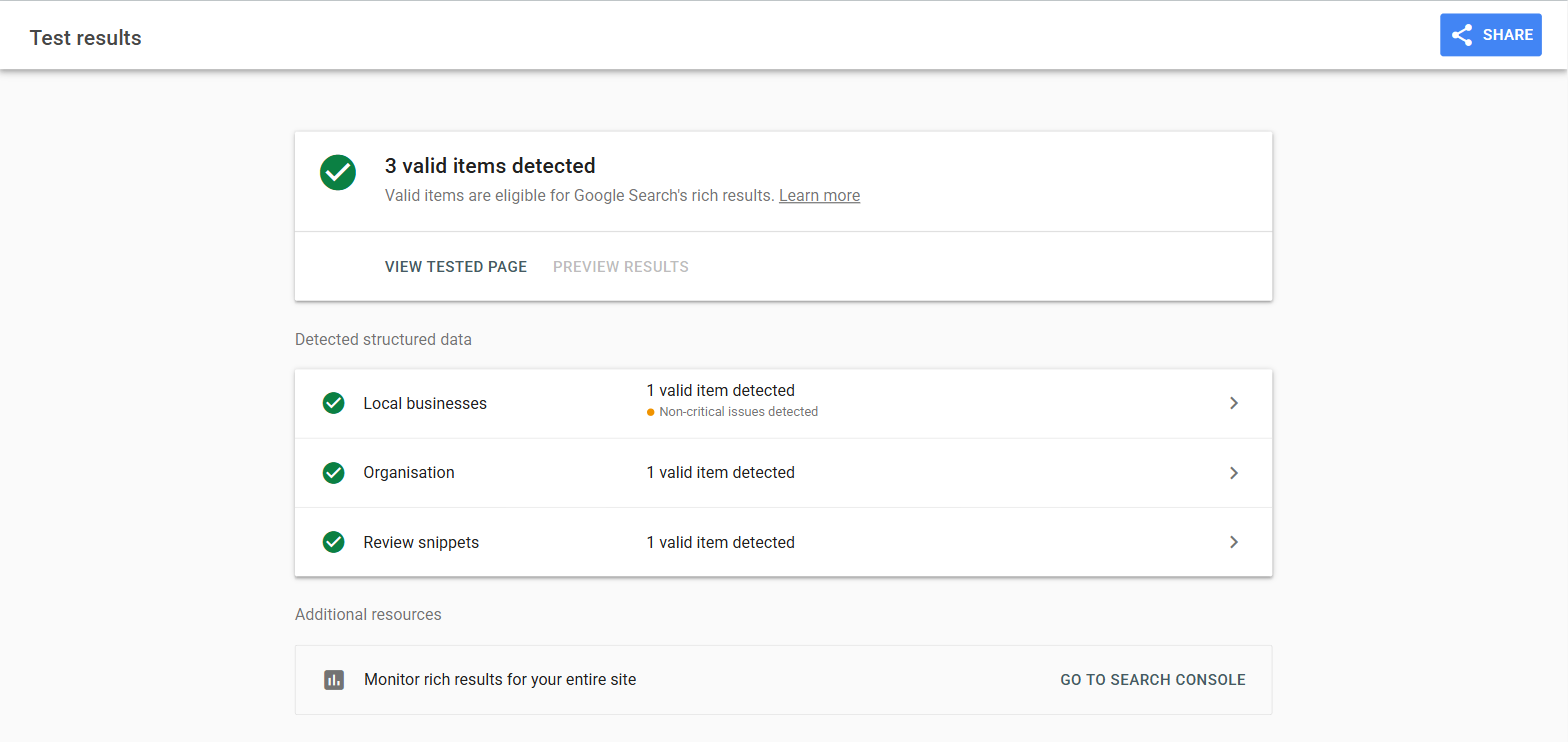 Rich Results Test results for the Coastline Physio LocalBusiness markup, reporting 3 valid items detected: Local businesses with non-critical issues, Organisation, and Review snippets, each showing 1 valid item detected