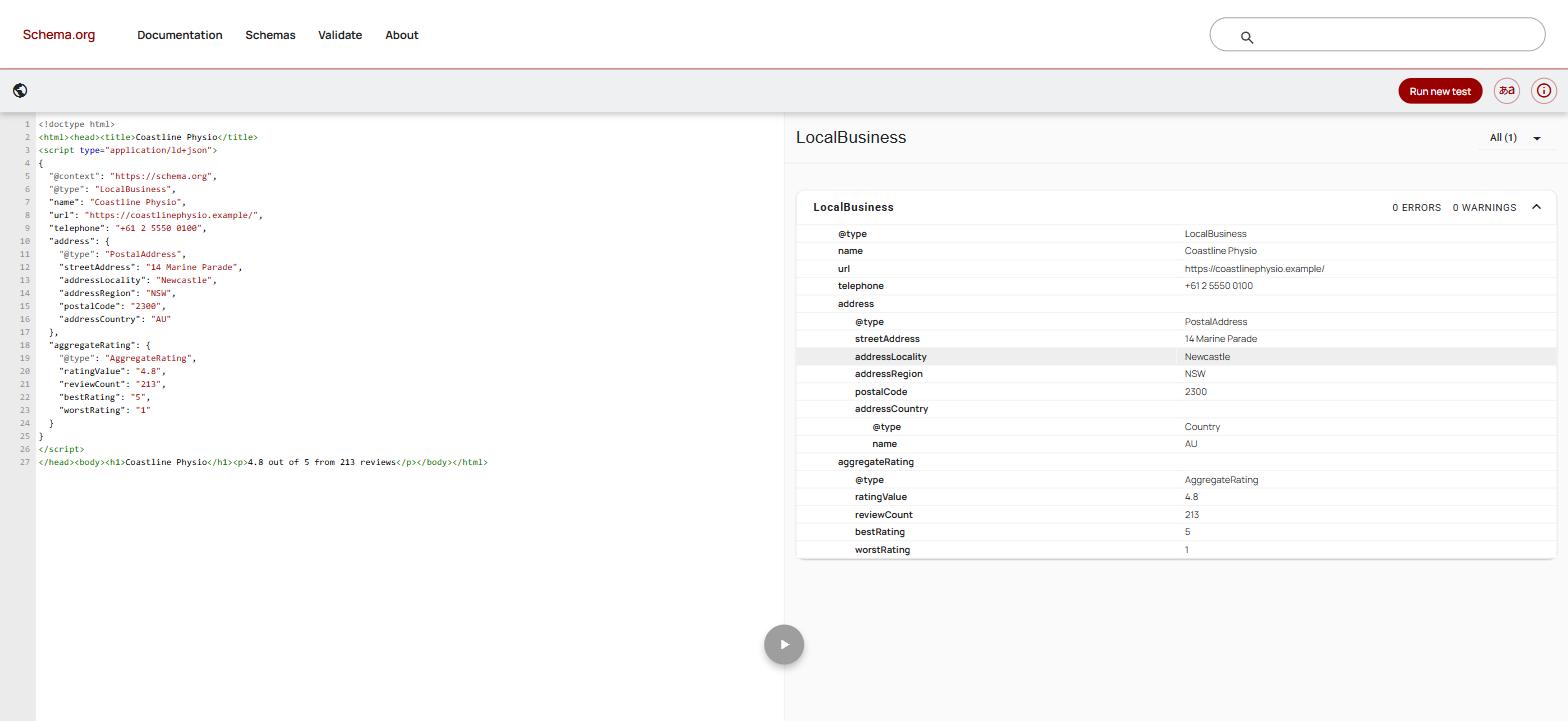The Schema Markup Validator showing the Coastline Physio JSON-LD on the left and a parsed LocalBusiness item on the right reporting 0 errors and 0 warnings, with the nested AggregateRating showing ratingValue 4.8 and reviewCount 213