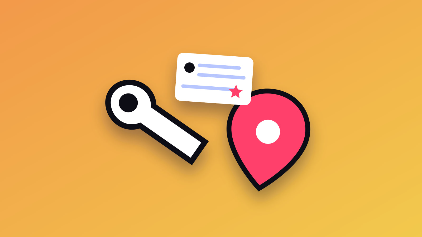 Illustrated wrench, map pin and review cards