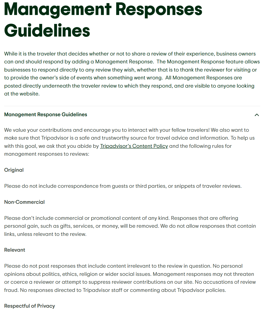 Tripadvisor's Management Responses Guidelines page, stating that all management responses are posted directly underneath the traveler review they respond to, followed by the rules headed Original, Non-Commercial, Relevant and Respectful of Privacy