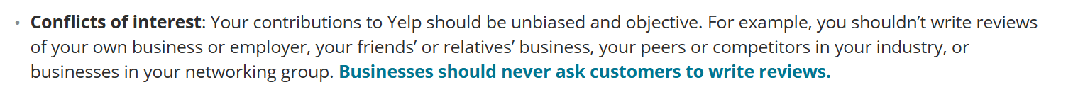 Yelp's content guidelines, conflicts of interest section, ending with the bolded sentence "Businesses should never ask customers to write reviews."