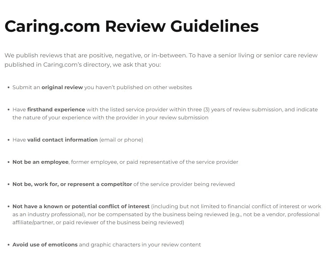 Caring.com's review guidelines, listing the conditions a reviewer must meet, including firsthand experience with the provider within three years and not being an employee, former employee or paid representative