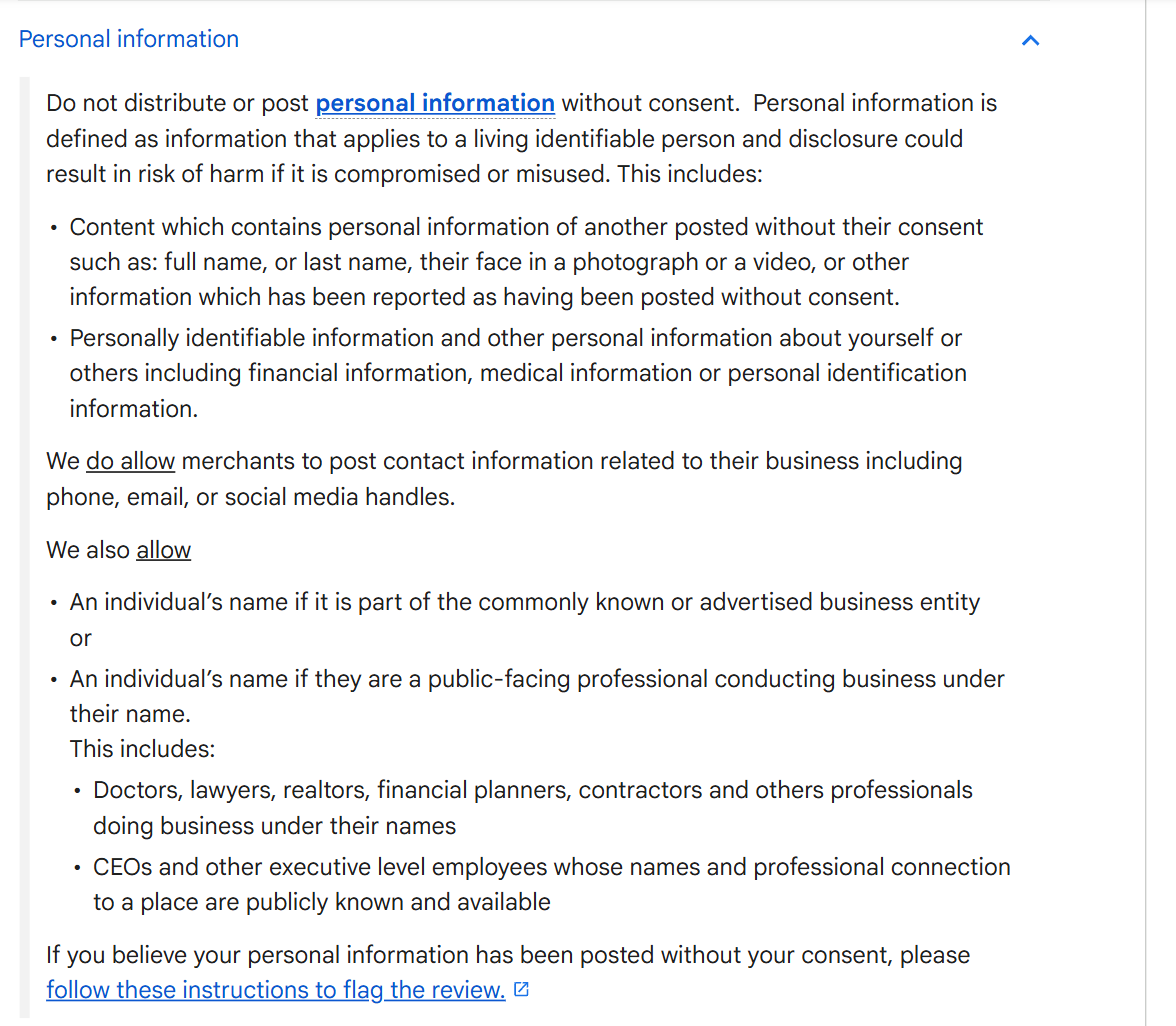 Google's Maps content policy on personal information, prohibiting posts of medical and other personal information about yourself or others, and separately allowing a reviewer to name a public-facing professional such as a doctor, lawyer or contractor