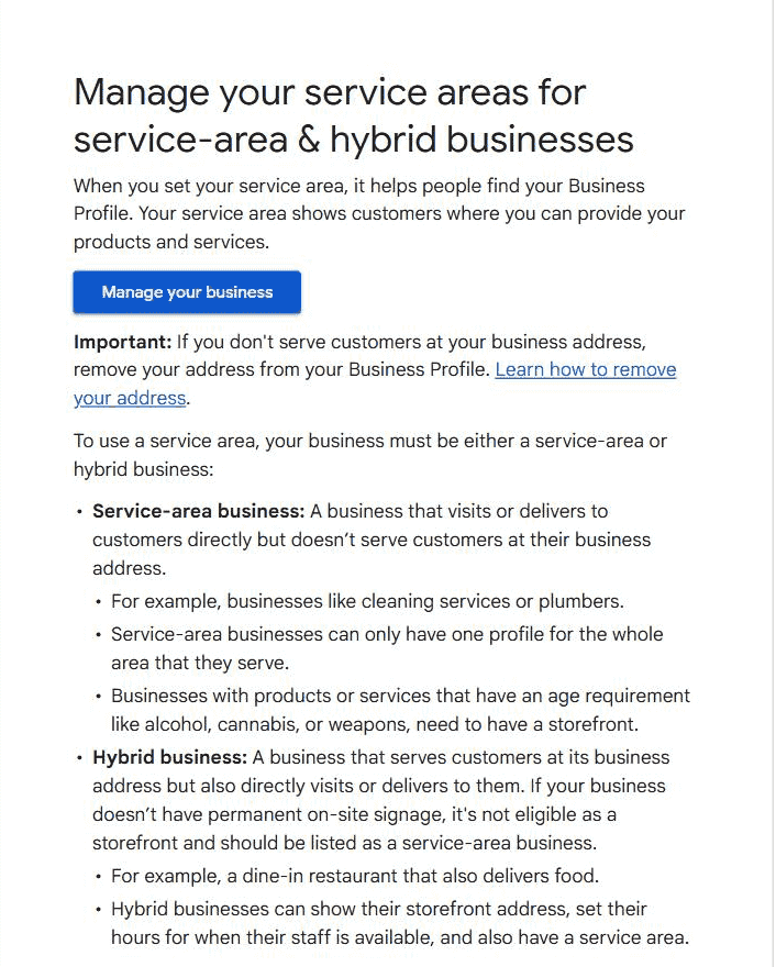 Google Business Profile help page defining a service-area business as one that visits customers directly without serving them at its address, above a note telling those businesses to remove their address from the profile