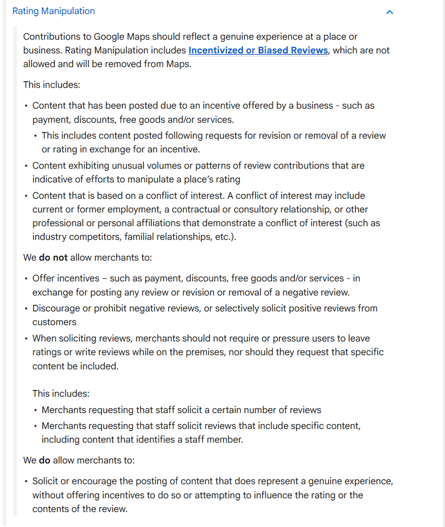 Google's Maps user-generated content policy under Rating Manipulation, listing what merchants may not do: offer incentives in exchange for a review, discourage or selectively solicit reviews, or ask staff to solicit reviews naming a staff member.