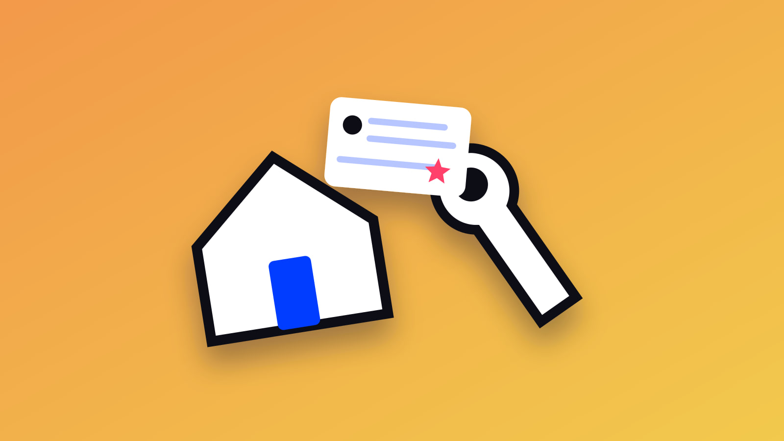 Illustrated house, wrench and review card