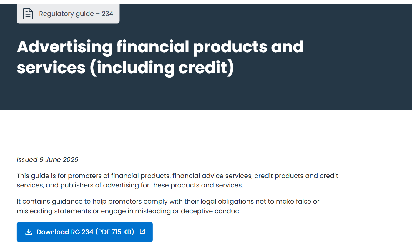 ASIC's page for Regulatory Guide 234, Advertising financial products and services (including credit), showing it was issued 9 June 2026 and is for promoters of financial products, financial advice services, credit products and credit services