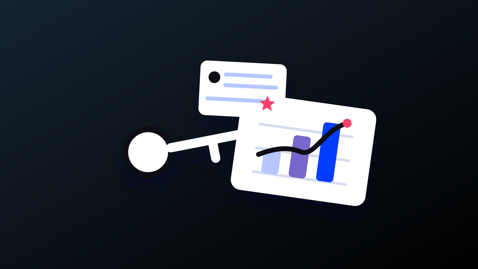 Illustrated key, financial chart and review bubble