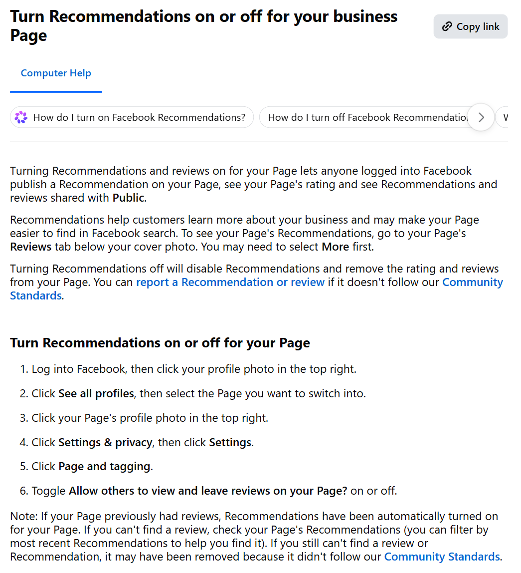 Facebook Help Center page titled Turn Recommendations on or off for your business Page, listing six steps ending in a toggle called Allow others to view and leave reviews on your Page