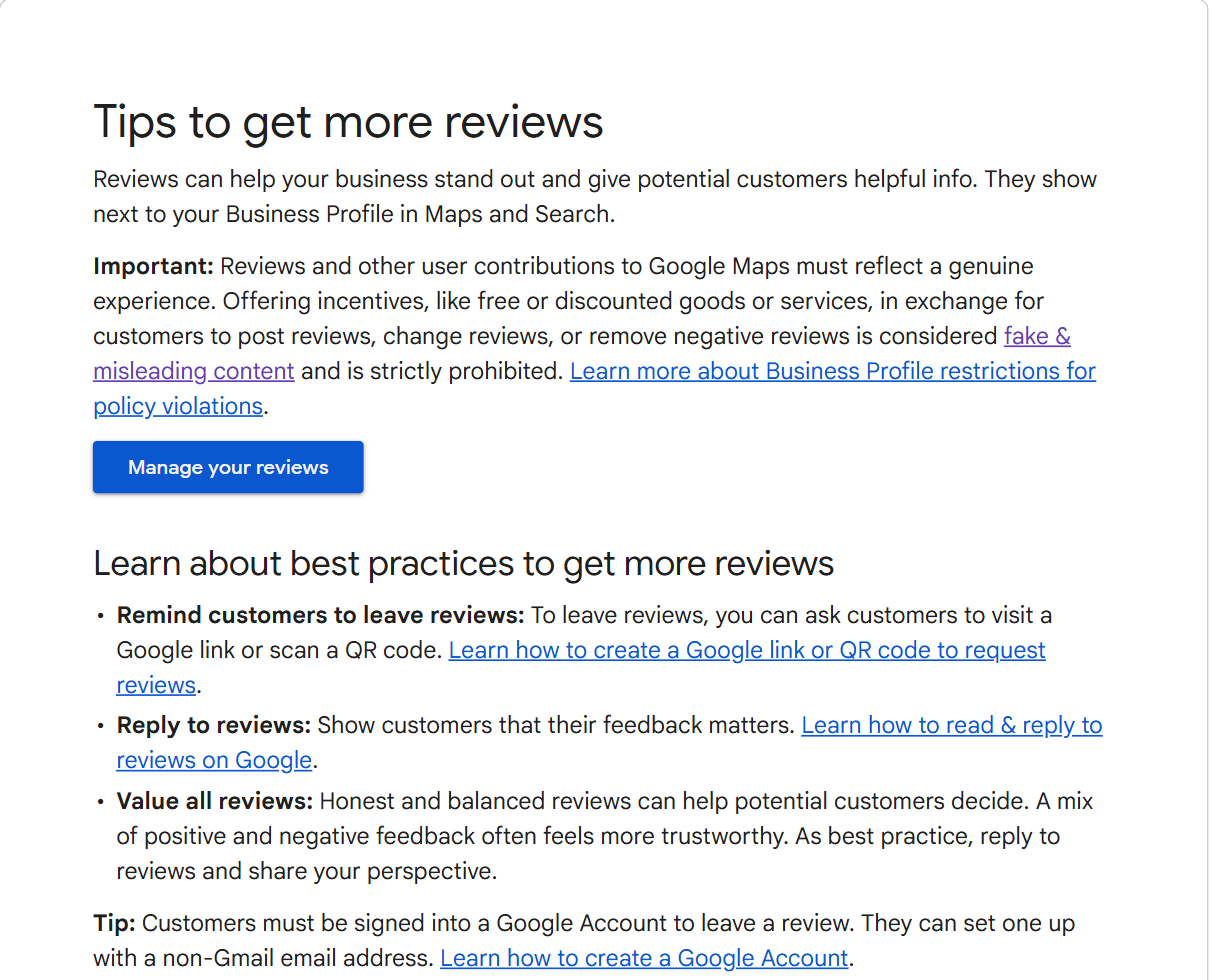 Google Business Profile Help page titled Tips to get more reviews, with a bullet reading Remind customers to leave reviews: To leave reviews, you can ask customers to visit a Google link or scan a QR code