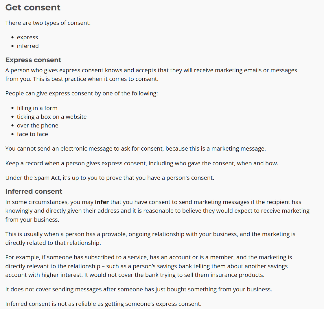 The ACMA Avoid sending spam page, Get consent section, listing express consent as filling in a form, ticking a box on a website, over the phone or face to face, then the inferred consent paragraphs ending with the line that it does not cover sending messages after someone has just bought something from your business