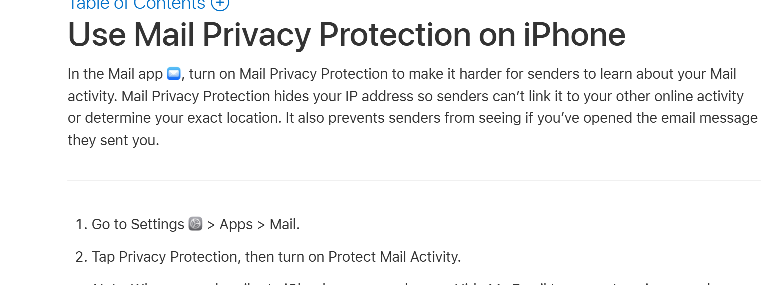 Apple Support page titled Use Mail Privacy Protection on iPhone, with the paragraph saying Mail Privacy Protection hides your IP address and also prevents senders from seeing if you have opened the email message they sent you