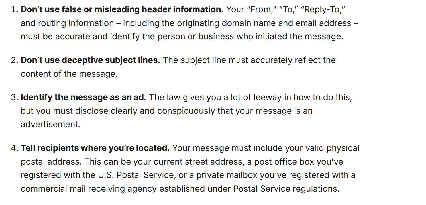 The FTC CAN-SPAM compliance guide listing four requirements: do not use false or misleading header information, do not use deceptive subject lines, identify the message as an ad, and tell recipients where you are located by including a valid physical postal address