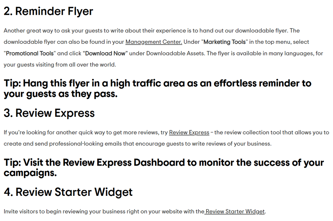 Tripadvisor's resource page listing free review tools, showing sections headed 2. Reminder Flyer, 3. Review Express and 4. Review Starter Widget, with the Management Center path Marketing Tools then Promotional Tools written out
