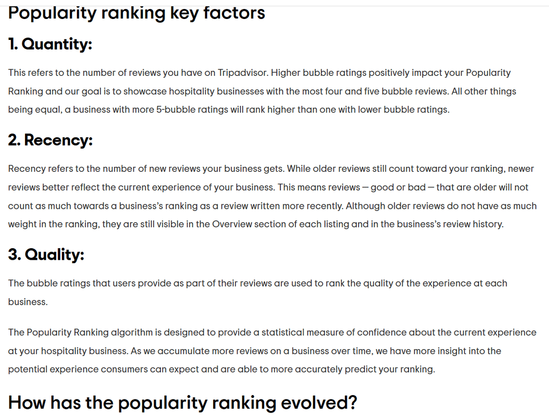 Tripadvisor's popularity ranking explainer listing three key factors, headed 1. Quantity, 2. Recency and 3. Quality, each with a paragraph describing how it affects a business's position