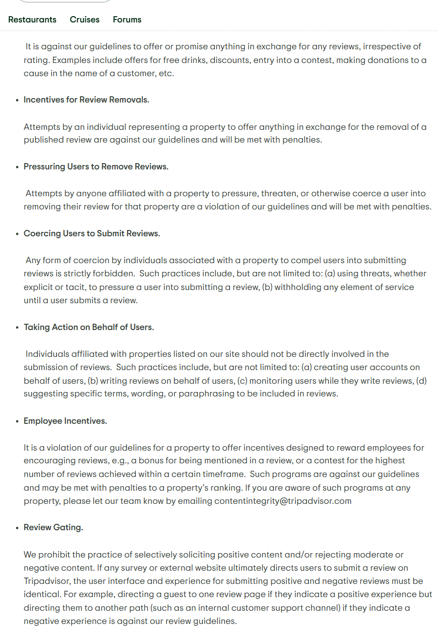 Tripadvisor's review posting guidelines, open at the Bias and Attempts to Manipulate Tripadvisor Rankings section, showing the rules headed Incentives for Review Removals, Pressuring Users to Remove Reviews, Coercing Users to Submit Reviews, Taking Action on Behalf of Users, Employee Incentives and Review Gating