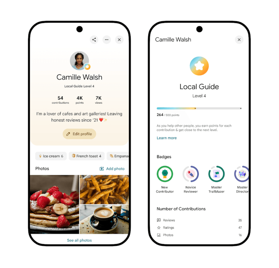 Two phone screens from Google's Local Guides help page: a mocked-up contributor profile with the line "Local Guide Level 4" under the name, and a second screen headed "Local Guide, Level 4" showing a progress bar at 264 of 500 points above a row of earned badges