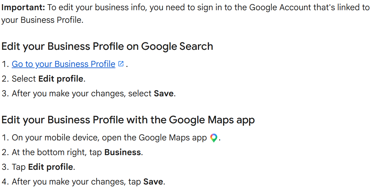 Google Business Profile help page listing the steps to edit a profile on Google Search (go to your Business Profile, select Edit profile, select Save) and with the Google Maps app (tap Business at the bottom right, tap Edit profile, tap Save), under a note that you have to sign in to the Google Account linked to the profile