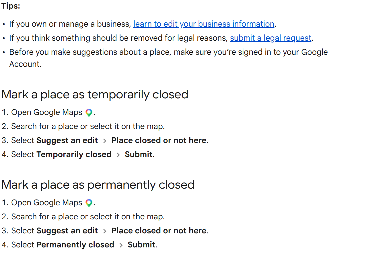 Google Maps help page with a tip that you must be signed in to a Google Account before you suggest an edit about a place, above the four steps to mark a place as temporarily closed and as permanently closed: open Google Maps, search for the place, select Suggest an edit then Place closed or not here, then select Permanently closed and Submit