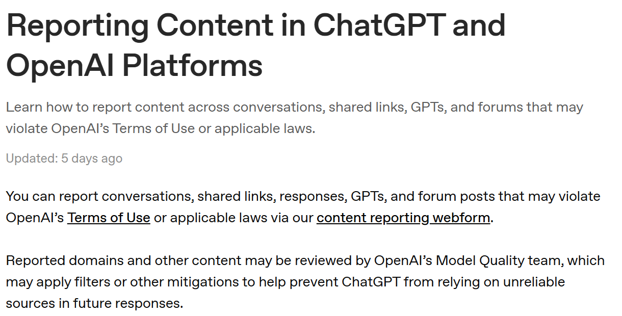 OpenAI help centre page headed Reporting Content in ChatGPT and OpenAI Platforms, with the paragraph saying reported domains and other content may be reviewed by OpenAI's Model Quality team, which may apply filters or other mitigations to help prevent ChatGPT from relying on unreliable sources in future responses