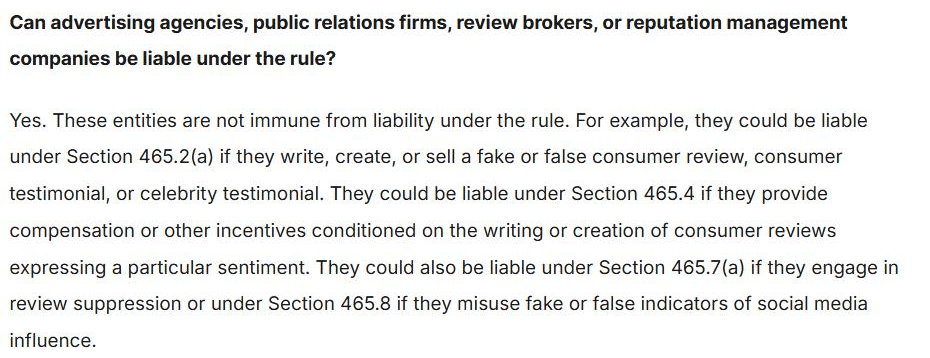 The FTC's questions and answers page. The question reads "Can advertising agencies, public relations firms, review brokers, or reputation management companies be liable under the rule?" The answer begins "Yes. These entities are not immune from liability under the rule."