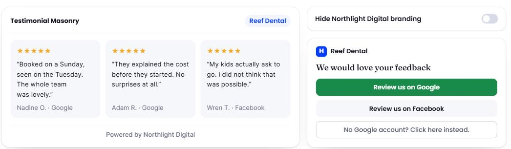 A review widget on a business website showing three five-star reviews in cards, with a small footer line reading "Powered by" and an agency's name, next to a settings toggle labelled "Hide (agency name) branding" and a review page offering Google and Facebook buttons.
