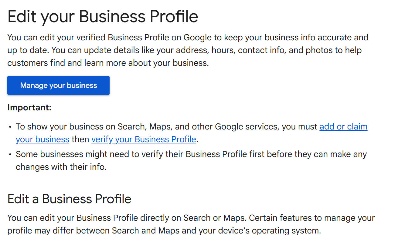 Google's help page for editing a Business Profile, with a Manage your business button and a note that you must add or claim your business then verify it before it shows on Search and Maps