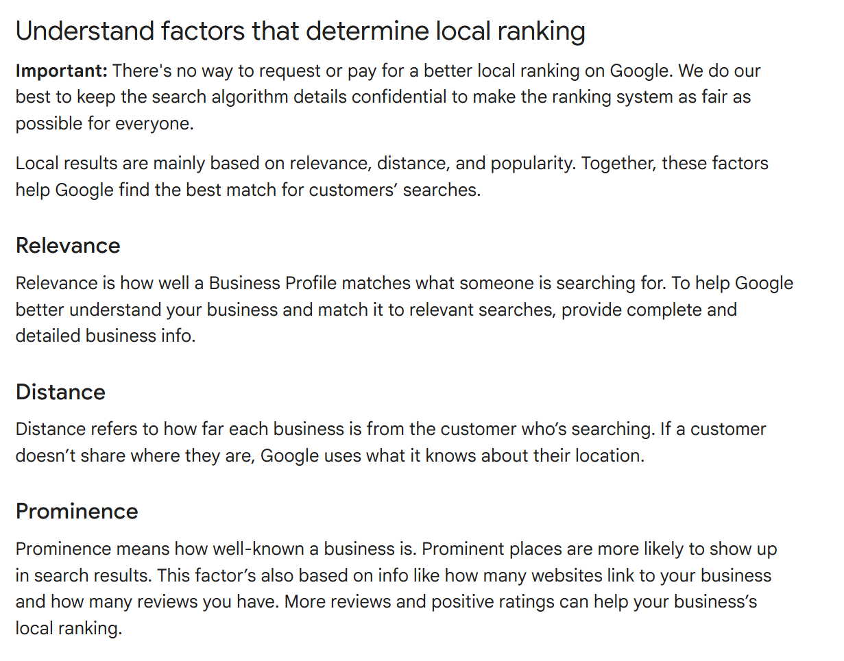 Google's local ranking help page listing relevance, distance and prominence, with the prominence section saying more reviews and positive ratings can help a business's local ranking