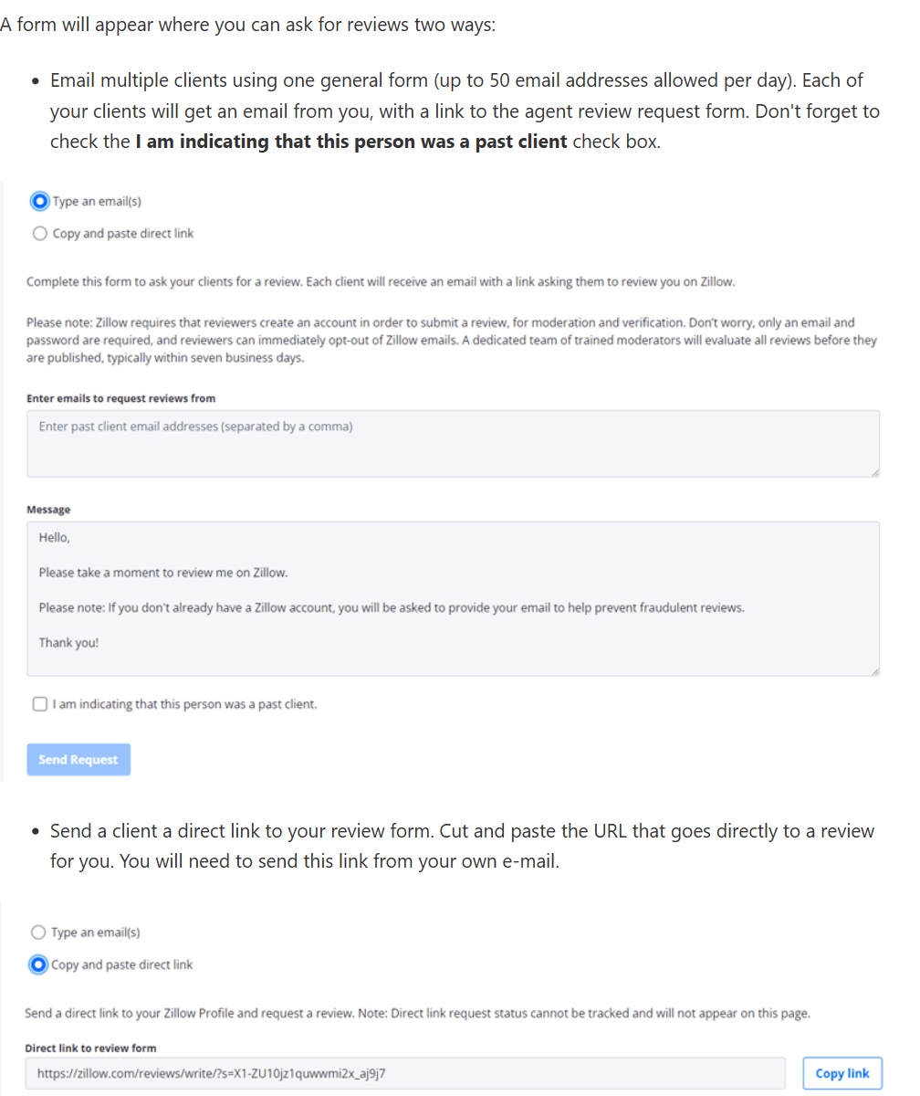 Zillow's request a review form showing both options, typing email addresses or copying a direct link, with the note that reviewers must create an account and that moderation takes typically seven business days