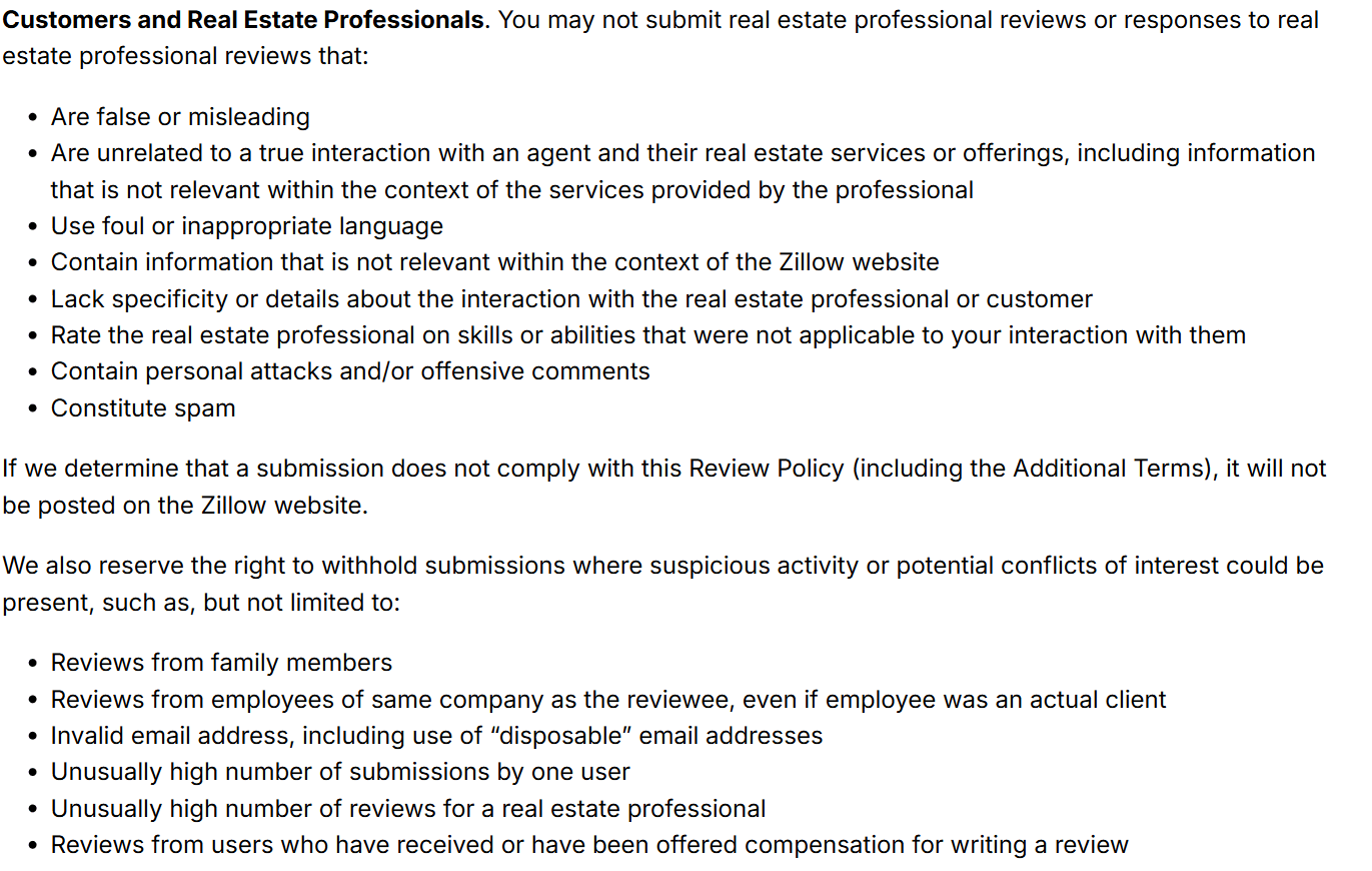 Zillow's review policy listing what a review may not contain and, below it, the submissions Zillow reserves the right to withhold, including reviews from family members, employees of the same company, disposable email addresses and reviewers offered compensation