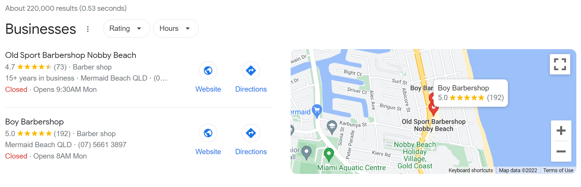 Google results for barbershops near Nobby Beach, showing BOY Barbershop with a 5.0 rating from 192 reviews beside a map.