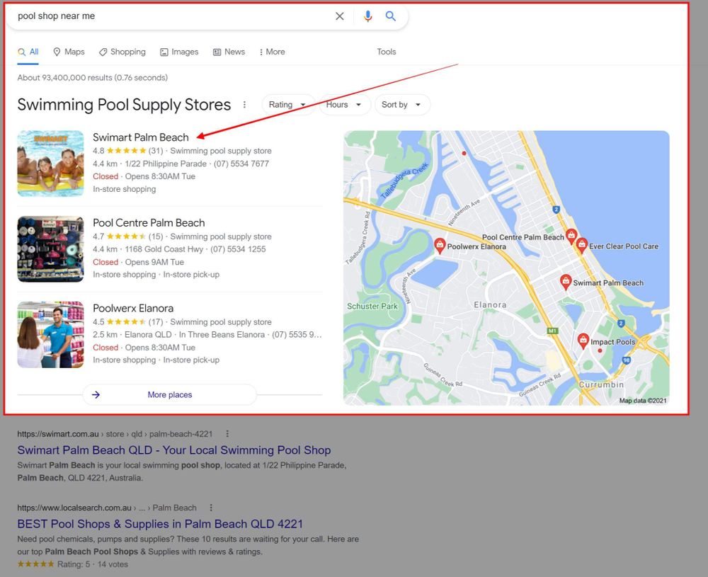 Google search results for “pool shop near me”, showing three swimming pool supply stores with their star ratings and review counts beside a map.